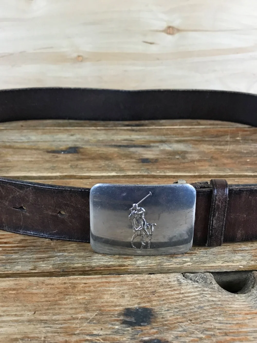 POLO Ralph Lauren Mens Brown Leather Belt Silver Tone Pony Buckle Size 36
